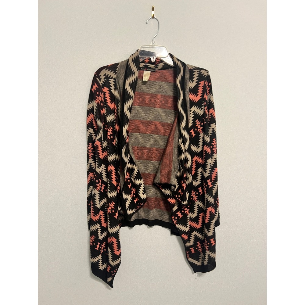 Love Chesley Women Black Coral Tribal Geometric Open Front Draped Cardigan Large